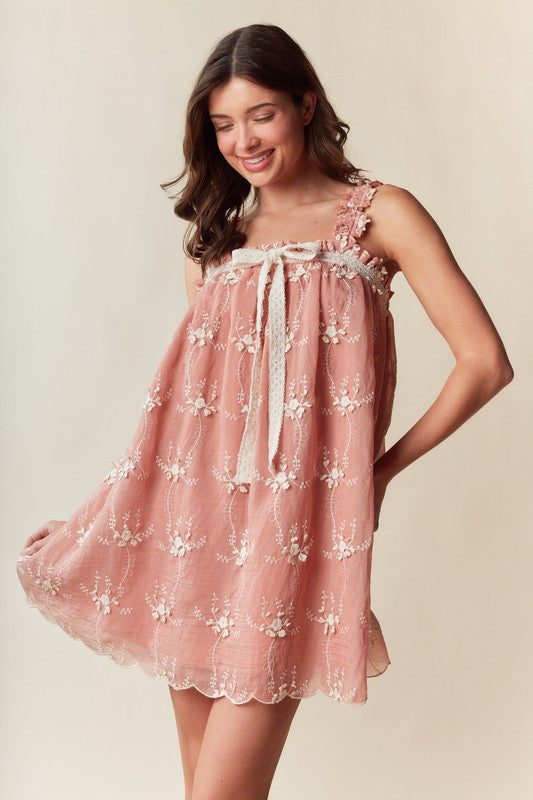 Embroidered Lace Trim Babydoll Dress