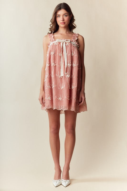 Embroidered Lace Trim Babydoll Dress