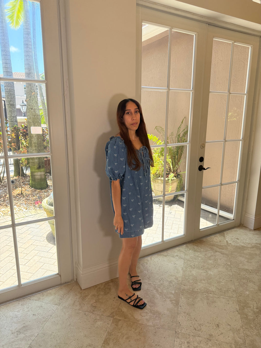 Denim Bow Embroidered Puff Sleeve Romper