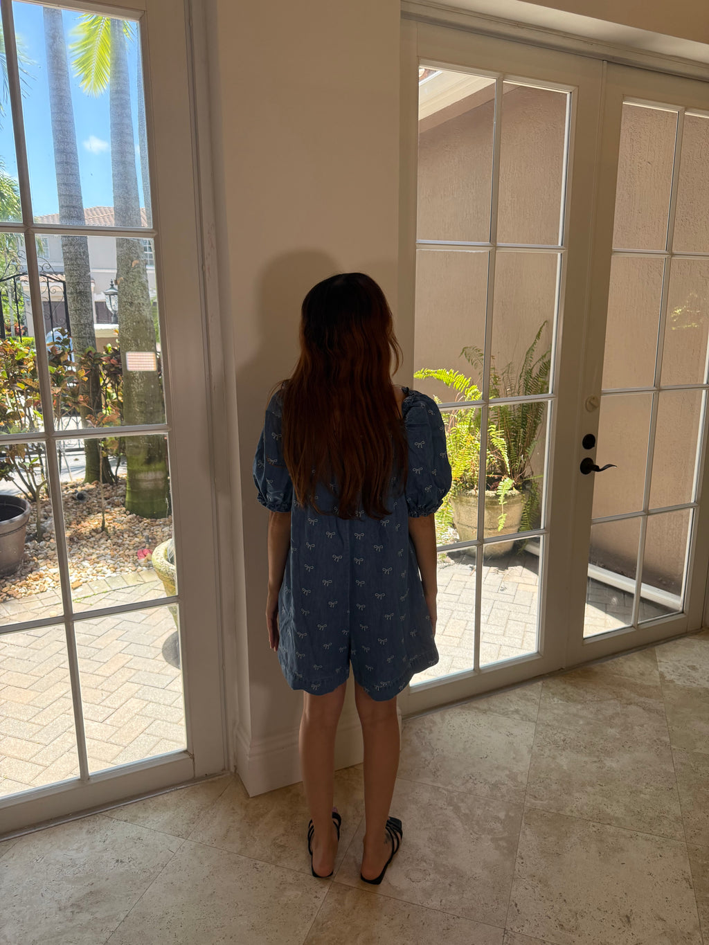 Denim Bow Embroidered Puff Sleeve Romper