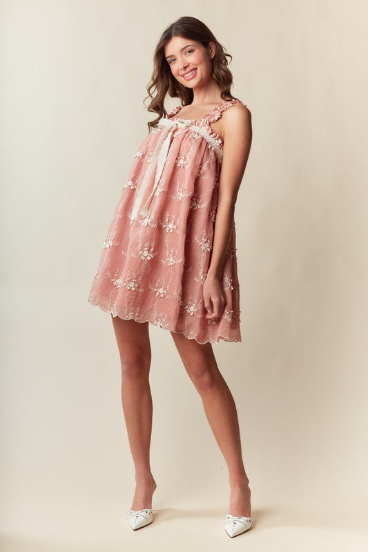 Embroidered Lace Trim Babydoll Dress