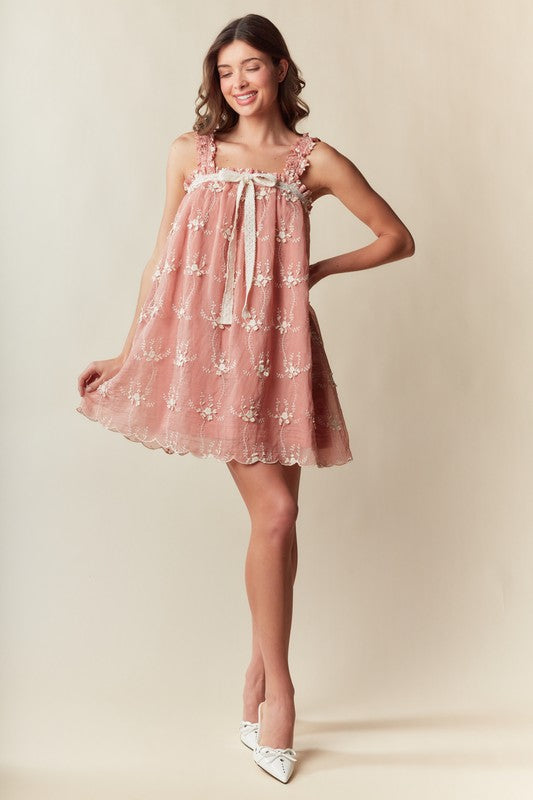 Embroidered Lace Trim Babydoll Dress